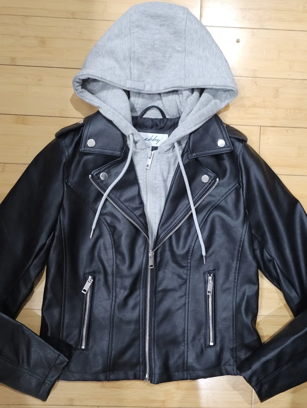 Women's Sebby Punk Biker Moto Black Faux Leather Gray Hoodie Zip Jacket Coat S - Picture 8 of 9